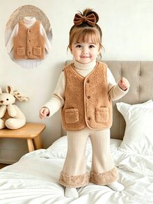 SHEIN 秋冬款中性嬰兒幼兒 0-3 歲百搭純色棕色泰迪絨舒適多功能休閒夾克 - 棕色 - 查看 3