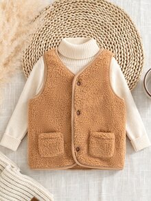 SHEIN 秋冬款中性嬰兒幼兒 0-3 歲百搭純色棕色泰迪絨舒適多功能休閒夾克 - 棕色 - 查看 1