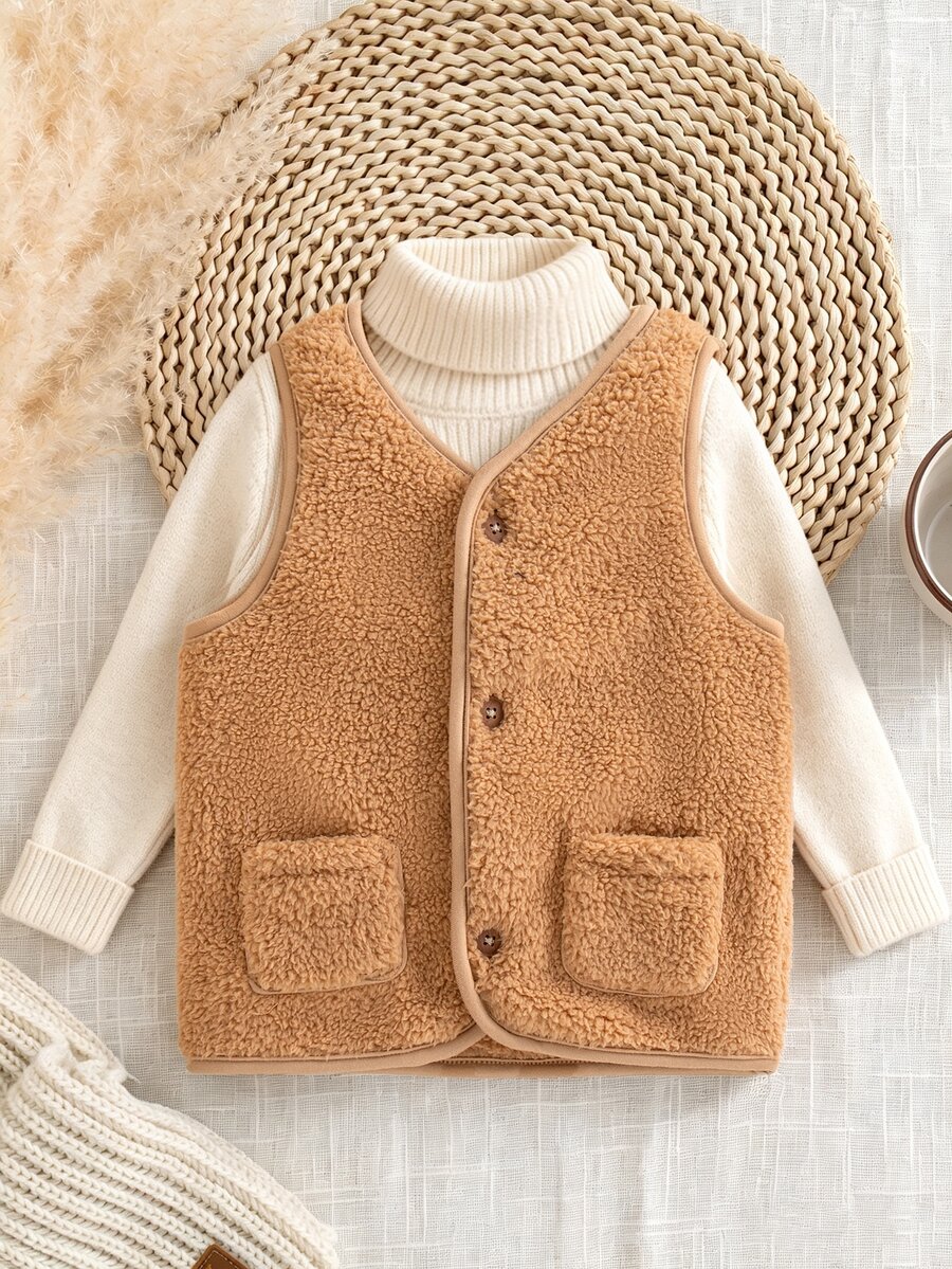 SHEIN 秋冬款中性嬰兒幼兒 0-3 歲百搭純色棕色泰迪絨舒適多功能休閒夾克 - 棕色 - 查看 1
