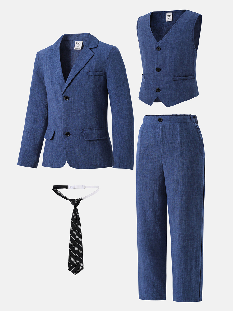 SHEIN 3pcs Kids Tween Boy Minimalist Silhouette Premium Deep Navy Blue Plaid Suit Set With Deep Navy Blue Tie, Suitable For Wedding Season, Casual School, Comfortable Fashion, Minimalist Practical Versatile Soft Fabric, Suitable For Daily Wear, School, Holiday Parties, All Seasons - Royal Blue - View 2