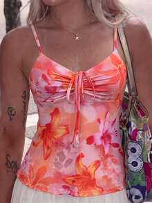 Opulessa Spring/Summer Vacation Knit Mesh Printed Camisole Tank Top For Women - Pink - View 2