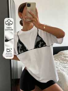 Livesso Casual Round Neck Short Sleeve Women's Loose Fit Bikini Print T-Shirt - White - View 1