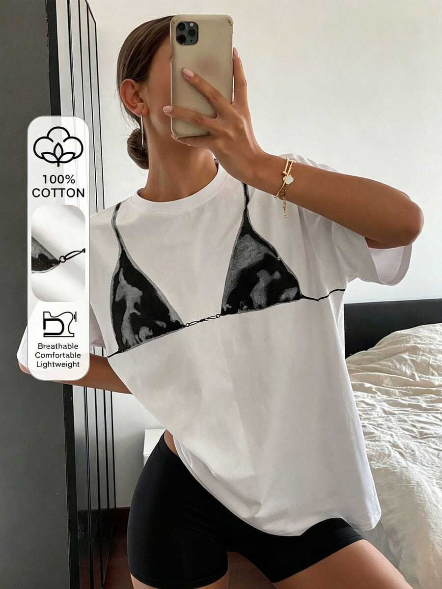 Livesso Casual Round Neck Short Sleeve Women's Loose Fit Bikini Print T-Shirt - White - View 1