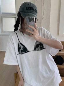 Livesso Casual Round Neck Short Sleeve Women's Loose Fit Bikini Print T-Shirt - White - View 2