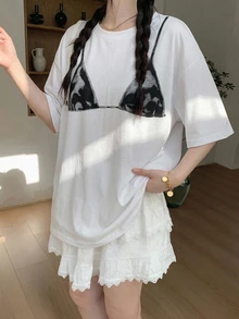 Livesso Casual Round Neck Short Sleeve Women's Loose Fit Bikini Print T-Shirt - White - View 5