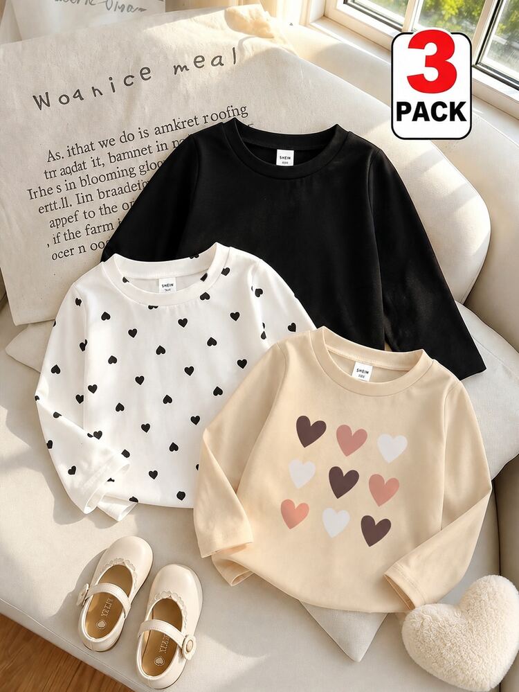 SHEIN 3pcs/Set Baby Girl Casual Cute Heart Graphic Long Sleeve Knit Crew Neck Pullover T-Shirts, Basic Tees,/Sweaters, Clothing, Minimalist Design, Heart Decor, Suitable For Spring, Autumn, Winter, 6M-3T Fall - Multicolor - View 1