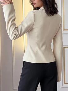 Aloruh 女士休闲亚麻收腰长袖翻领薄款西装外套，杏色，秋冬 - 杏色 - 查看 3