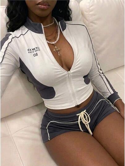 Fiercella Fiercella Streetwear Women's Cinched Waist Graphic Print Long Sleeve Jacket And Low Waist Shorts 2 Pieces Set,Afro Fashion Outfits