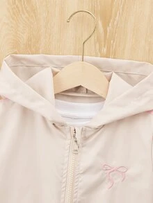 SHEIN Young Girls' Hooded Jacket Spring/Autumn Sweet Bow Ribbon Zipper Jacket, Versatile Thin Top - Khaki - View 6