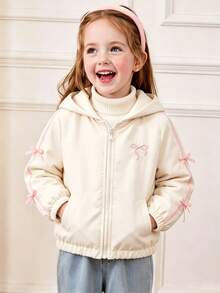 SHEIN Young Girls' Hooded Jacket Spring/Autumn Sweet Bow Ribbon Zipper Jacket, Versatile Thin Top - Khaki - View 4