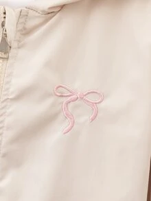 SHEIN Young Girls' Hooded Jacket Spring/Autumn Sweet Bow Ribbon Zipper Jacket, Versatile Thin Top - Khaki - View 7