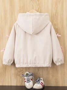 SHEIN Young Girls' Hooded Jacket Spring/Autumn Sweet Bow Ribbon Zipper Jacket, Versatile Thin Top - Khaki - View 2