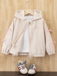 SHEIN Young Girls' Hooded Jacket Spring/Autumn Sweet Bow Ribbon Zipper Jacket, Versatile Thin Top - Khaki - View 9