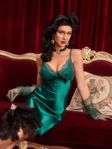 PinupPomp Lace Patchwork Backless Sexy Faux Silk Women's Camisole Nightgown - Dark Green - View 7