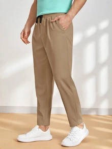 HIMLAND Men's Casual Solid Color Business Pocket Drawstring Waist Long Pants - Khaki - View 6