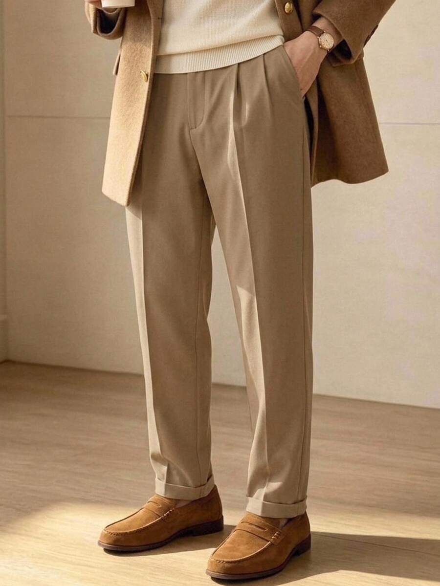HIMLAND Men's Casual Solid Color Business Pocket Drawstring Waist Long Pants - Khaki - View 1