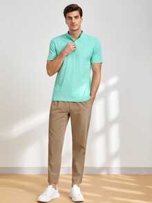 HIMLAND Men's Casual Solid Color Business Pocket Drawstring Waist Long Pants - Khaki - View 7
