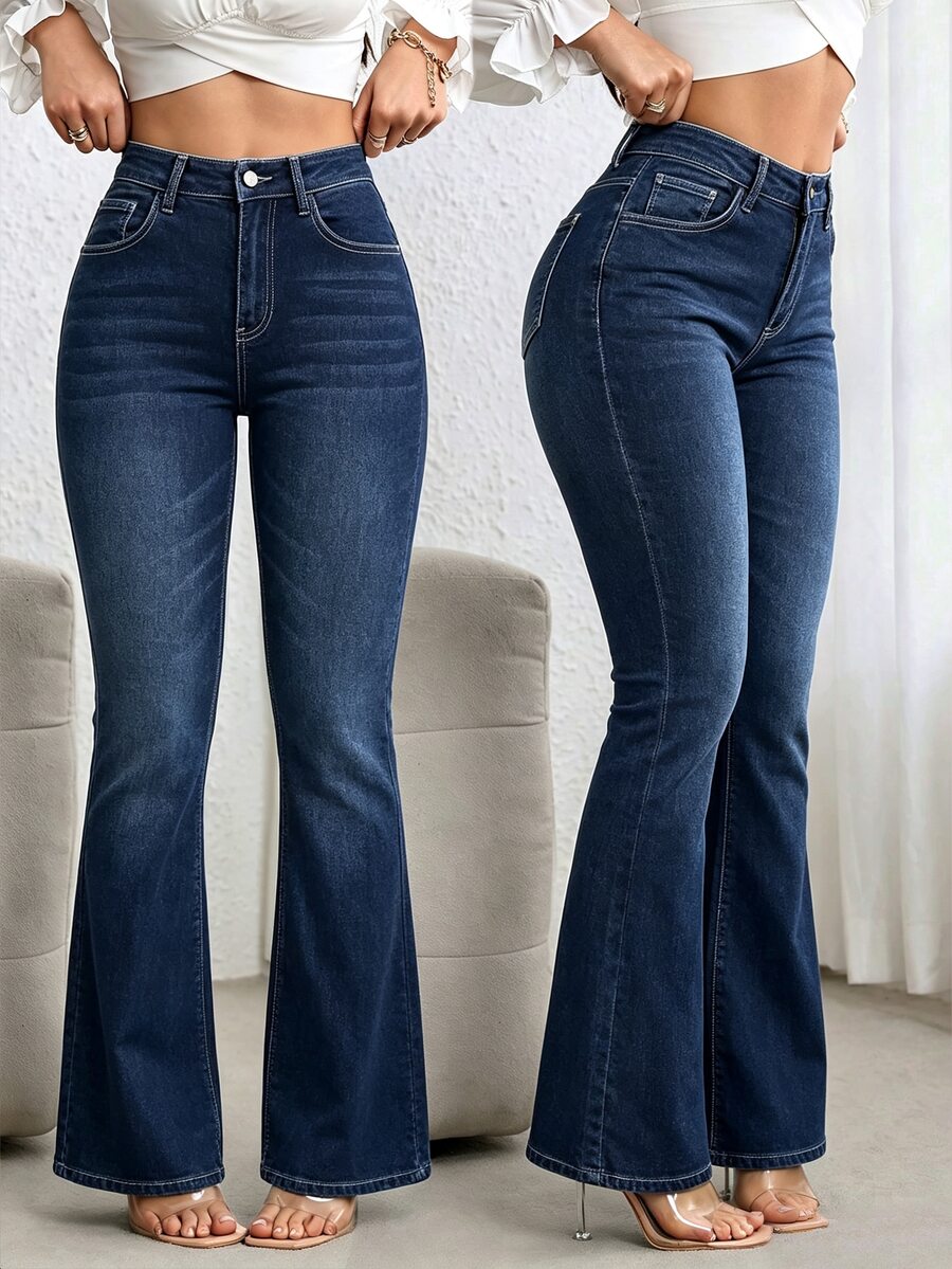 SHEIN ICON 女款秋季休閒復古喇叭褲 高腰藍色日常彈性水洗舒適修身牛仔褲 - 深色水洗藍 - 查看 1