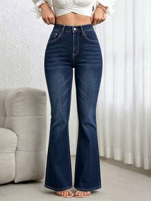 SHEIN ICON 女款秋季休閒復古喇叭褲 高腰藍色日常彈性水洗舒適修身牛仔褲 - 深色水洗藍 - 查看 3