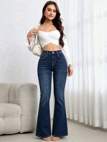 SHEIN ICON 女款秋季休閒復古喇叭褲 高腰藍色日常彈性水洗舒適修身牛仔褲 - 深色水洗藍 - 查看 4