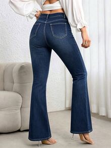 SHEIN ICON 女款秋季休閒復古喇叭褲 高腰藍色日常彈性水洗舒適修身牛仔褲 - 深色水洗藍 - 查看 2