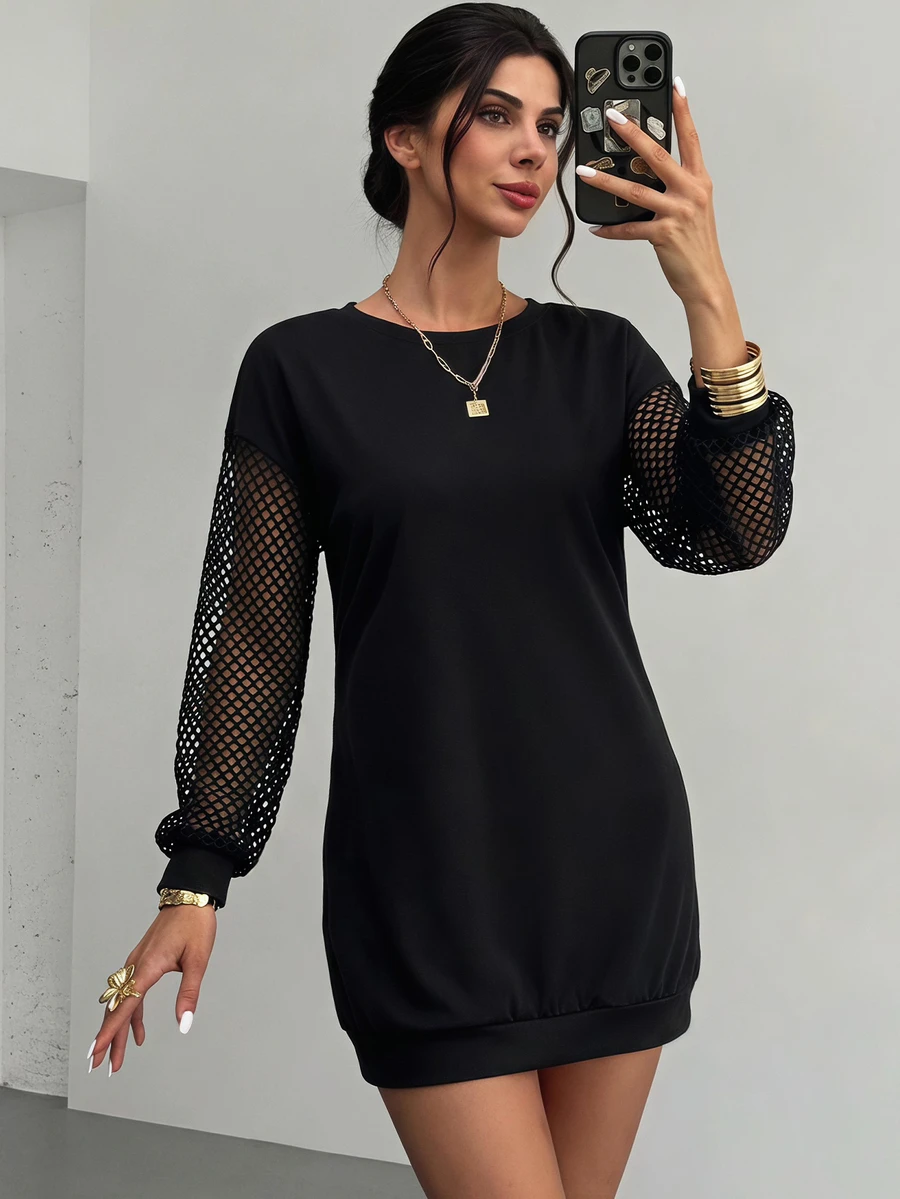 Firerie Contrast Fishnet Drop Shoulder Sweatshirt,Elegant ,Black In Fall/Winter - Black - View 1