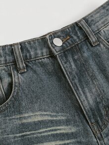 SHEIN 青少年女孩復古藍色牛仔寬鬆長褲 Y2K 秋冬休閒返校萬聖節新年款 - 中等水洗藍 - 查看 6
