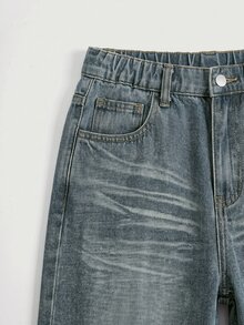 SHEIN 青少年女孩復古藍色牛仔寬鬆長褲 Y2K 秋冬休閒返校萬聖節新年款 - 中等水洗藍 - 查看 4