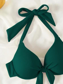 SHEIN Swim 2026 春夏聚拢特殊面料领结挂脖绿色聚拢优雅女士比基尼泳装上衣 - 墨綠色 - 查看 6