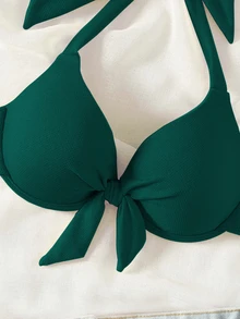 SHEIN Swim 2026 春夏聚拢特殊面料领结挂脖绿色聚拢优雅女士比基尼泳装上衣 - 墨綠色 - 查看 5