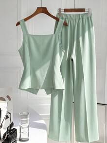 Franclia Plus Size Women Summer Casual Elegant Solid Color Tank Top Pants 2 Pieces Set Brunch Sage Green Teachers' Day Bussines Office Birthday - Green - View 2