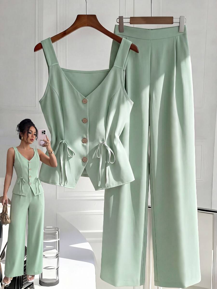 Franclia Plus Size Women Summer Casual Elegant Solid Color Tank Top Pants 2 Pieces Set Brunch Sage Green Teachers' Day Bussines Office Birthday - Green - View 1