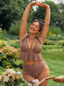 Swim Mod Plus Size Summer 1920s Flapper Vacation Holiday Digital Print Bikini 2-Piece Swimwear,Removable Padded,Hollow Back,Bow Strap,High-Waisted Bottom - Multicolor - View 3
