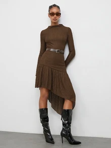 Maija Women's Solid Color Stand Collar Long Sleeve Asymmetric Ruffle Hem Dress,Going Out Outfits, Work Outfits For Women,Fall Clothes - Coffee - View 5