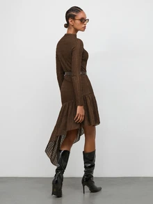 Maija Women's Solid Color Stand Collar Long Sleeve Asymmetric Ruffle Hem Dress,Going Out Outfits, Work Outfits For Women,Fall Clothes - Coffee - View 3