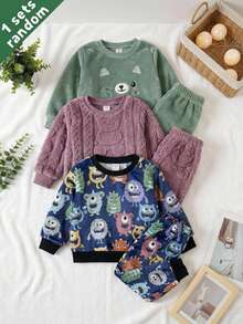 SHEIN Young Boy Cartoon Pattern Knitted Soft Fleece Lined Thick Crew Neck Long Sleeve Pullover Sweatshirt And Elastic Waist Cuffed Long Pants 2pcs Kids Casual Daily Versatile - Multicolor - View 3