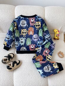 SHEIN Young Boy Cartoon Pattern Knitted Soft Fleece Lined Thick Crew Neck Long Sleeve Pullover Sweatshirt And Elastic Waist Cuffed Long Pants 2pcs Kids Casual Daily Versatile - Multicolor - View 5