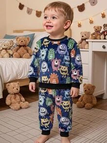 SHEIN Young Boy Cartoon Pattern Knitted Soft Fleece Lined Thick Crew Neck Long Sleeve Pullover Sweatshirt And Elastic Waist Cuffed Long Pants 2pcs Kids Casual Daily Versatile - Multicolor - View 6