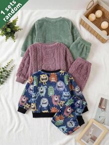 SHEIN Young Boy Cartoon Pattern Knitted Soft Fleece Lined Thick Crew Neck Long Sleeve Pullover Sweatshirt And Elastic Waist Cuffed Long Pants 2pcs Kids Casual Daily Versatile - Multicolor - View 2