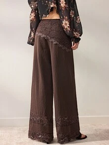 Willow Rêve Women's Dark Brown Wide-Leg Pants, Elastic Waist, Lace Patchwork, Scarf Wrap, Sheer Hem, Solid Color, Vintage Boho, Autumn Vacation, Date - Brown - View 6