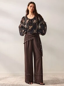 Willow Rêve Women's Dark Brown Wide-Leg Pants, Elastic Waist, Lace Patchwork, Scarf Wrap, Sheer Hem, Solid Color, Vintage Boho, Autumn Vacation, Date - Brown - View 2