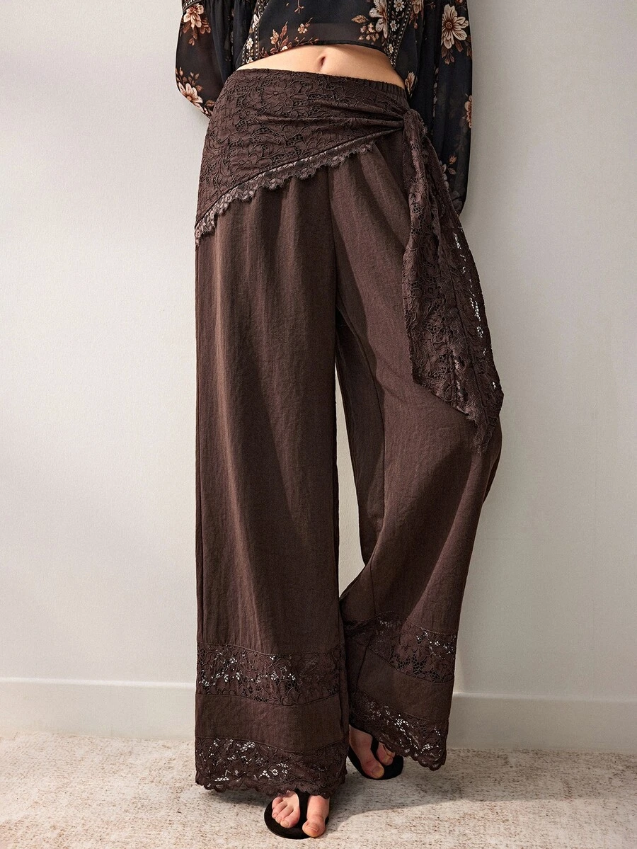 Willow Rêve Women's Dark Brown Wide-Leg Pants, Elastic Waist, Lace Patchwork, Scarf Wrap, Sheer Hem, Solid Color, Vintage Boho, Autumn Vacation, Date - Brown - View 1