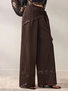 Willow Rêve Women's Dark Brown Wide-Leg Pants, Elastic Waist, Lace Patchwork, Scarf Wrap, Sheer Hem, Solid Color, Vintage Boho, Autumn Vacation, Date - Brown - View 5