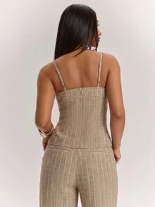 SHEIN BAE 女款條紋修身時尚細肩帶背心 - 駝色 - 查看 2