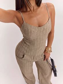 SHEIN BAE 女款條紋修身時尚細肩帶背心 - 駝色 - 查看 7