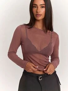 SHEIN BAE 女款優雅性感休閒日常羊絨輕量針織透視上衣，適合打造經典百搭上衣、休閒上衣、黑色上衣、百搭上衣、通勤上衣、2合1上衣 - 棕色 - 查看 7