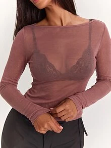 SHEIN BAE 女款優雅性感休閒日常羊絨輕量針織透視上衣，適合打造經典百搭上衣、休閒上衣、黑色上衣、百搭上衣、通勤上衣、2合1上衣 - 棕色 - 查看 8
