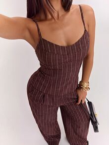 SHEIN BAE 女款條紋修身休閒百搭細肩帶背心 - 咖啡棕 - 查看 7