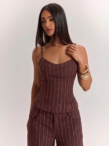 SHEIN BAE 女款條紋修身休閒百搭細肩帶背心 - 咖啡棕 - 查看 3