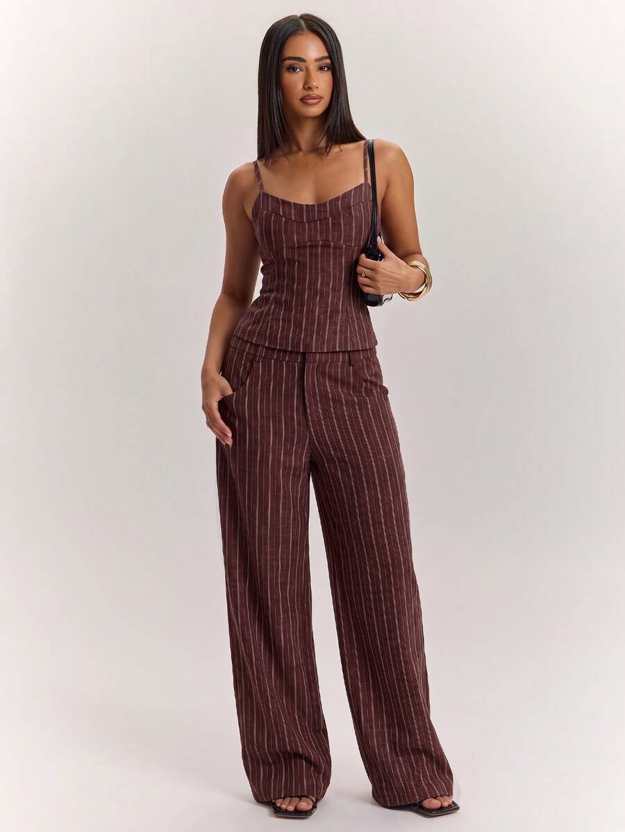 SHEIN BAE 女款條紋修身休閒百搭細肩帶背心 - 咖啡棕 - 查看 1